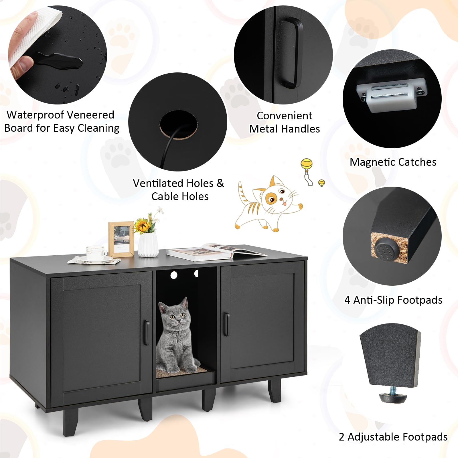 Giantex Cat Litter Box Enclosure - Cat Washroom Hidden Furniture with 2 Storage Cabinets