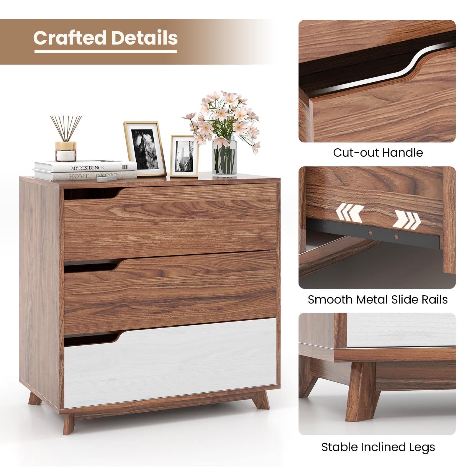 Giantex 3-Drawer Dresser for Bedroom - Small Chest of Drawers, Rustic Farmhouse Storage Cabinet, Walnut & White