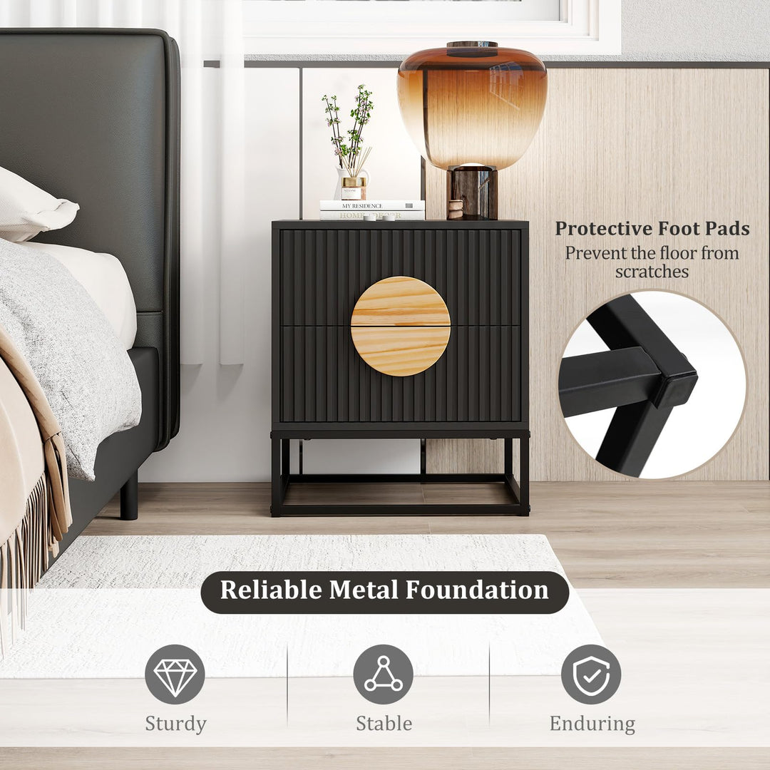 Giantex Fluted Nightstand with 2 Drawers with Natural Circle Handle & Metal Frame