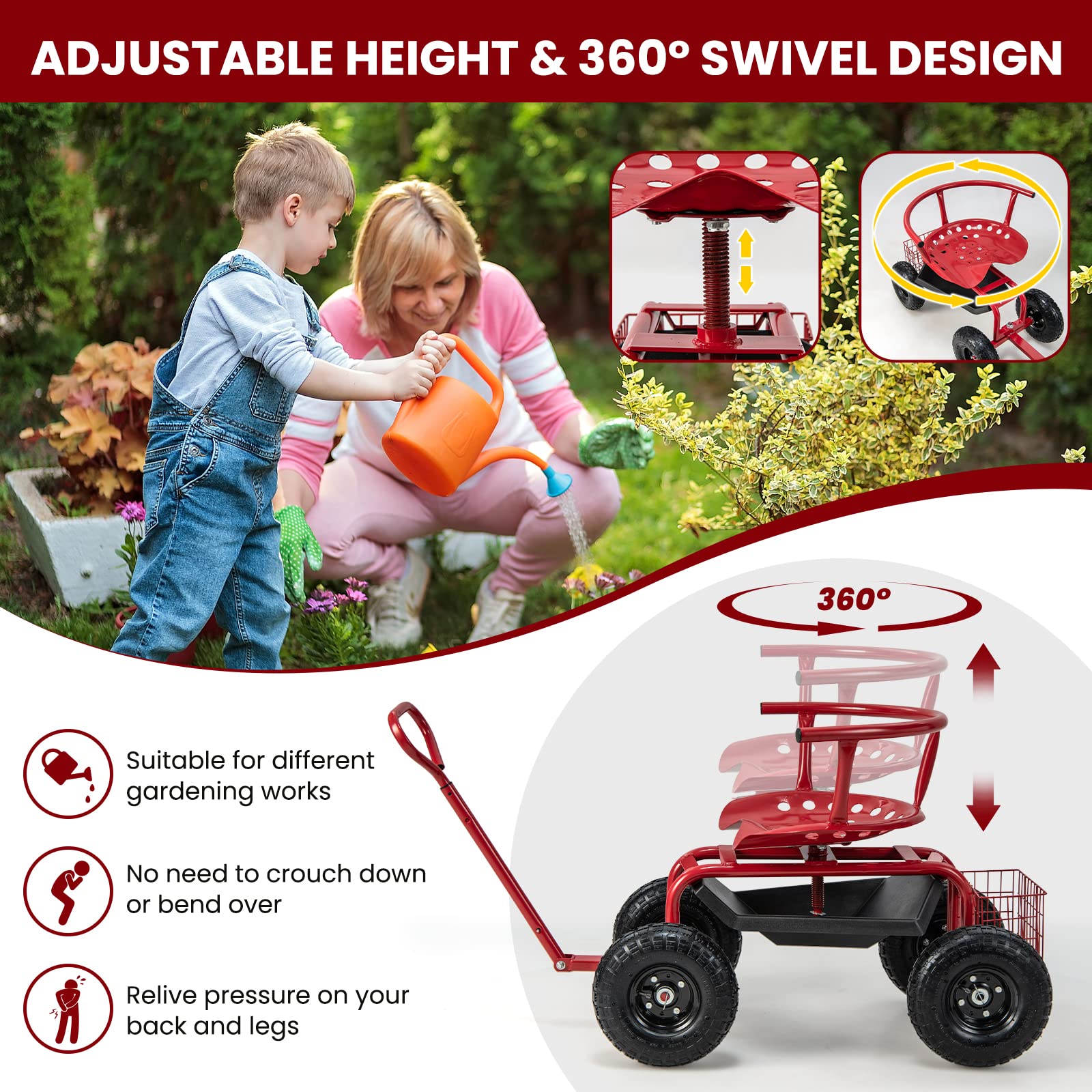 Giantex Rolling Garden Cart, 360 Swivel Workseat with 4 Wheels, Removal Cushion & Tool Tray, Storage Basket