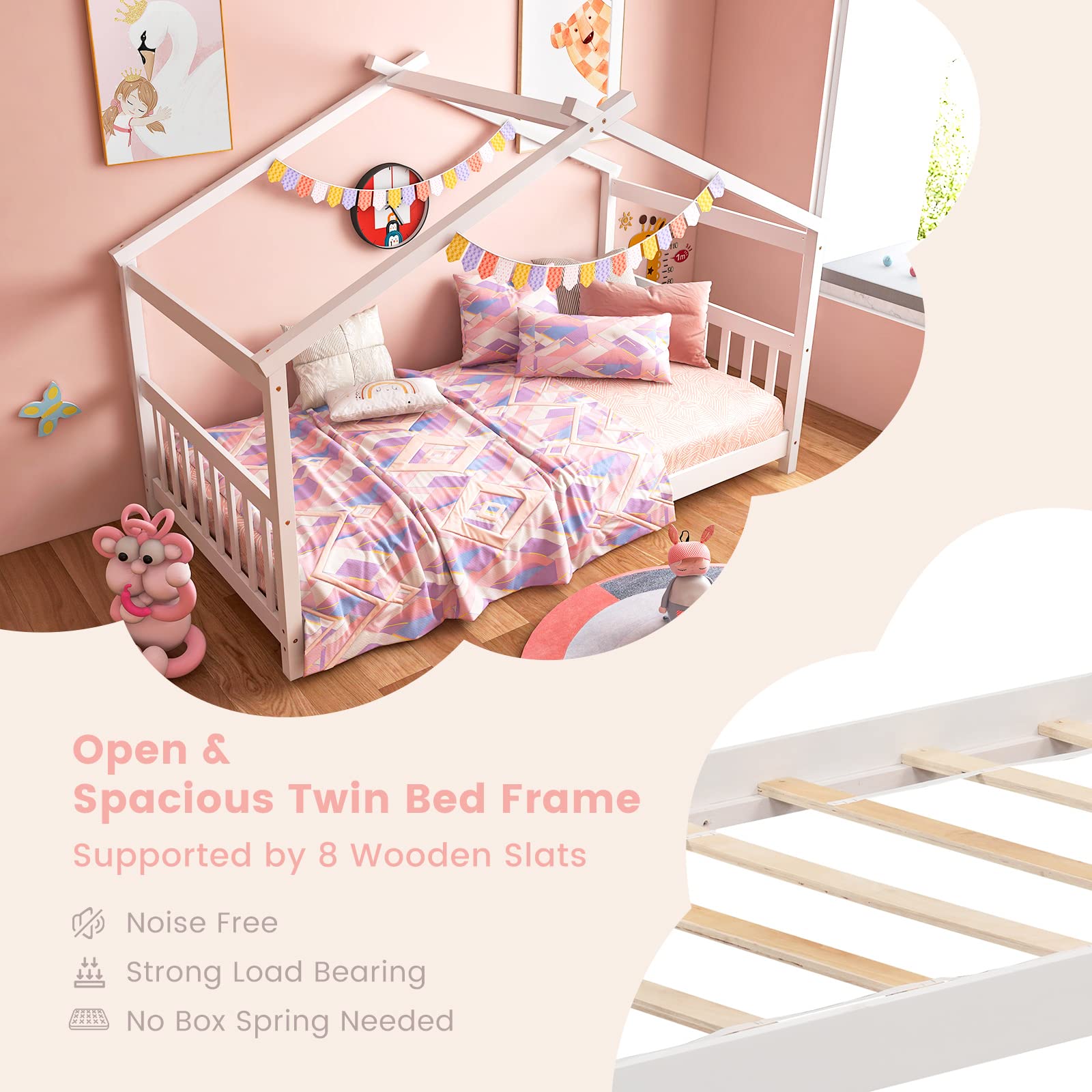 Giantex House Bed Twin, Solid Wood Kids House Bed with Roof