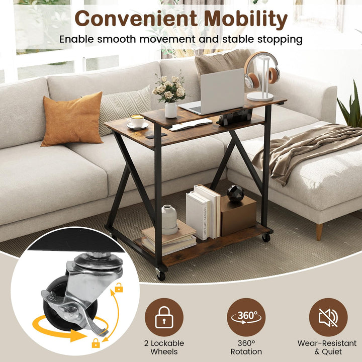 Giantex Rolling Small Desk with Storage | Compact Computer Desk for Small Spaces with Charging Station