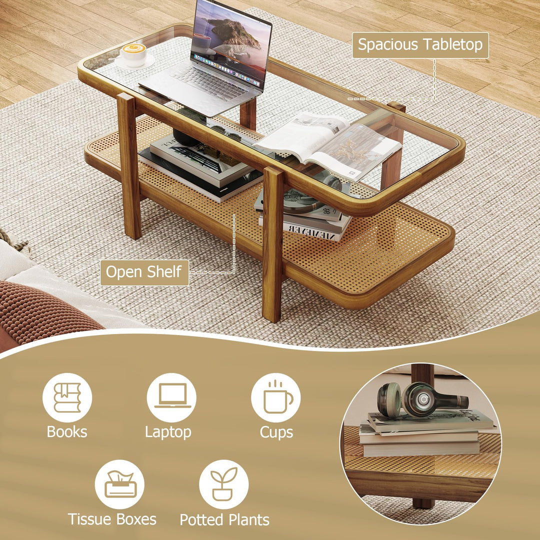 Giantex Rattan Coffee Table, 47.5" Rectangle Solid Wood Tea Table w/Tempered Glass Tabletop