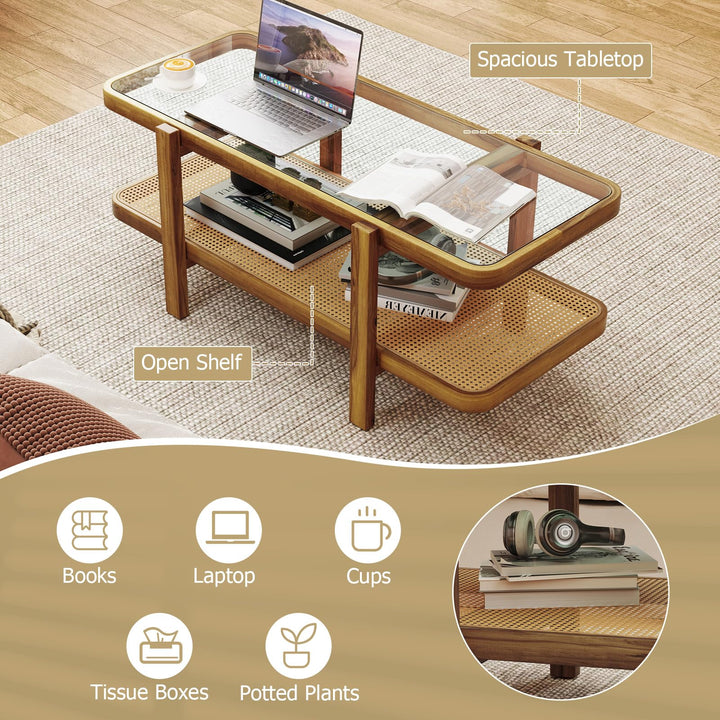 Giantex Rattan Coffee Table, 47.5" Rectangle Solid Wood Tea Table w/Tempered Glass Tabletop