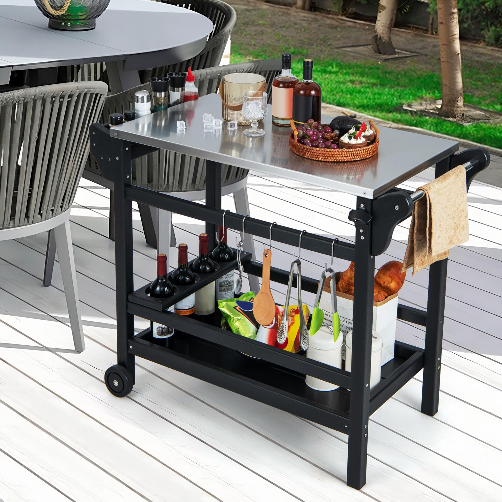 Giantex Grill Cart Pizza Oven Stand, HDPE Outdoor Prep Table, Stainless Steel Top, Storage Shelf