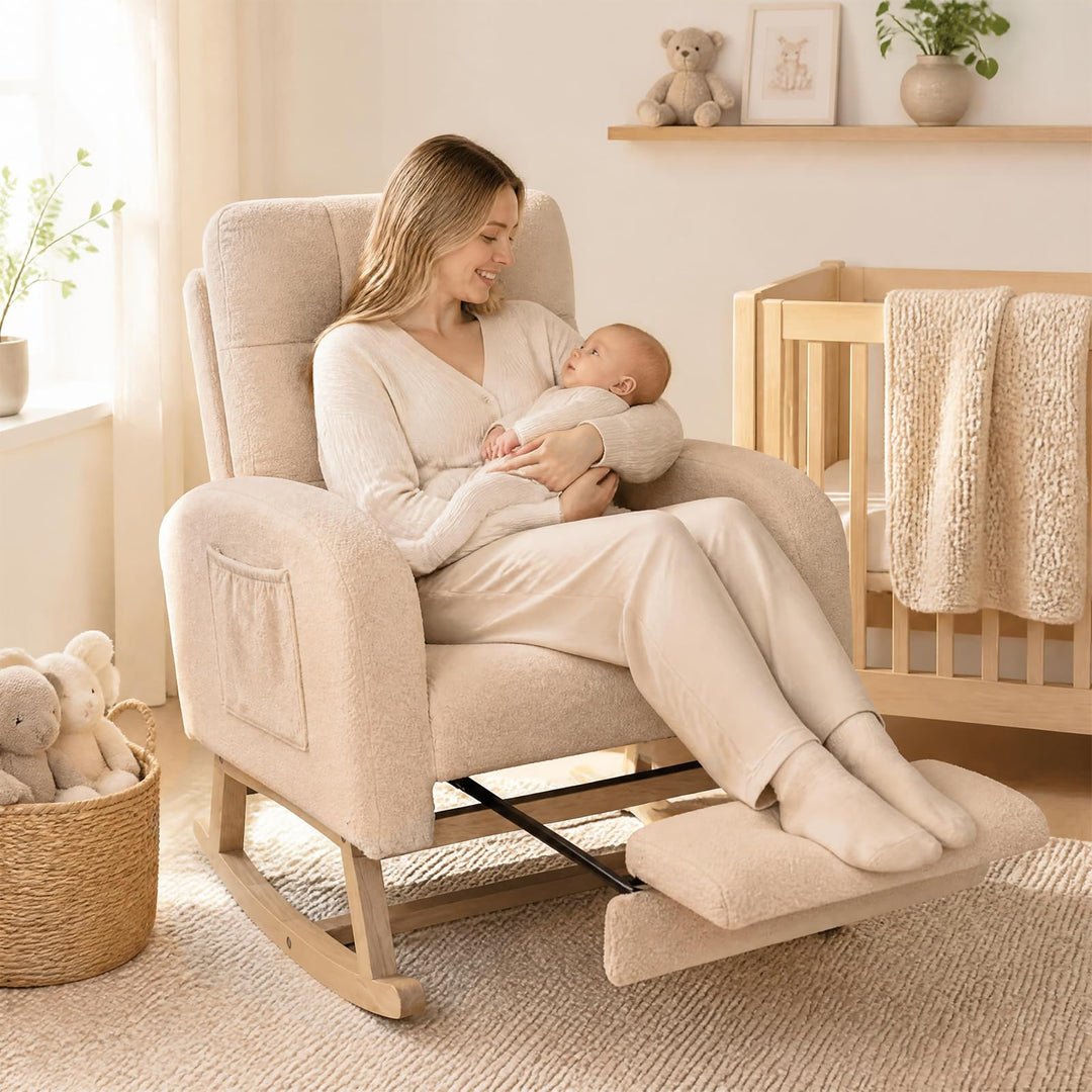 GIANTEX Nursery Rocking Chair, Teddy Upholstered Glider Chair with Footrest