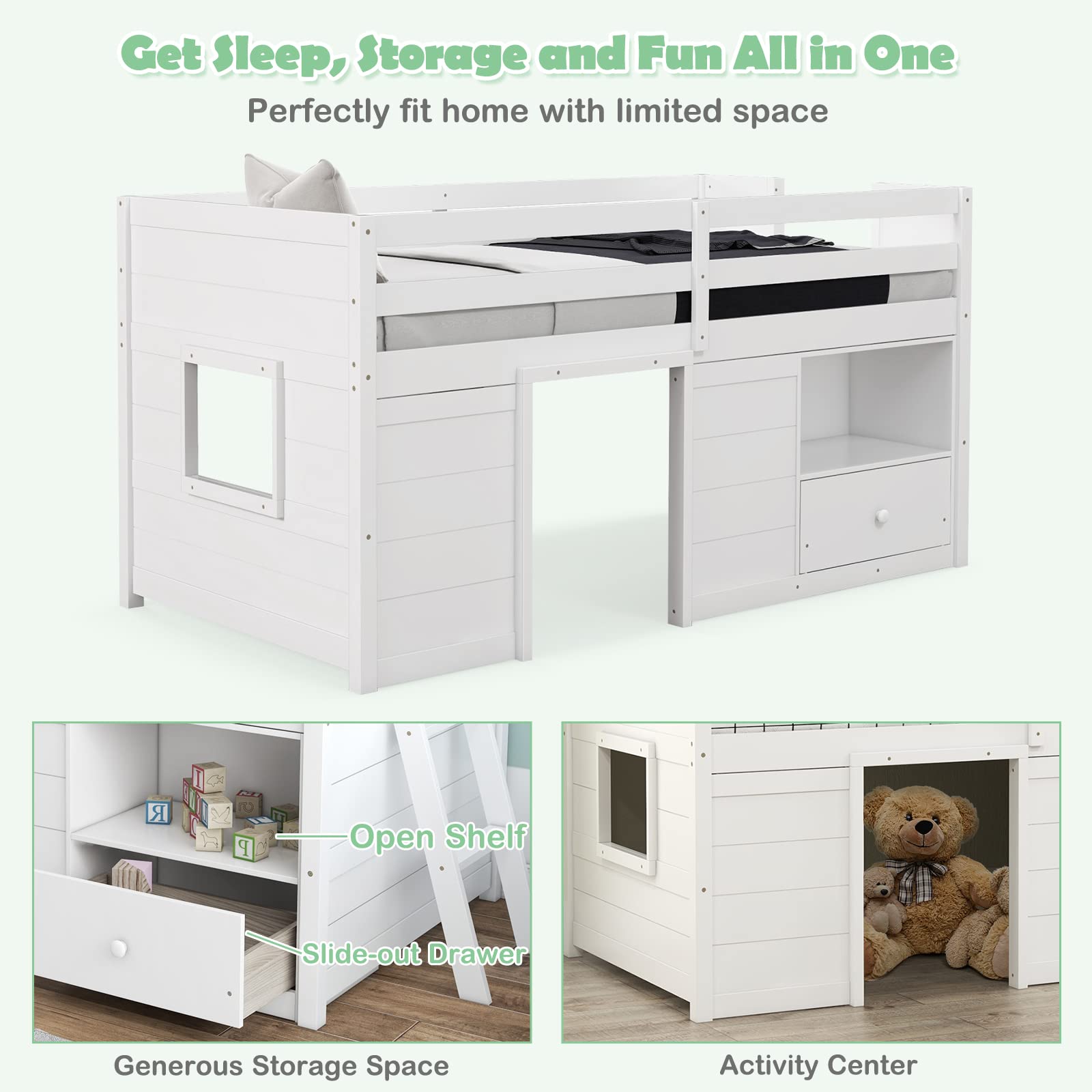 Giantex Twin Low Loft Bed with Storage, Solid Wood House Loft Bed with Drawer & Activity Center, White