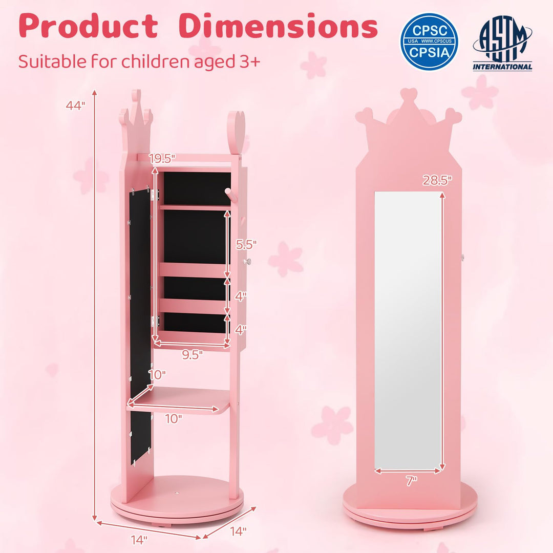 CHARMAID Kids Mirror Jewelry Cabinet - 360° Swivel Jewelry Armoire with Full Length Mirror