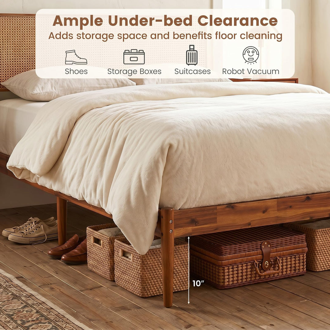 Giantex Wooden Bed Frame Full/Twin/Queen Size with Rattan Headboard