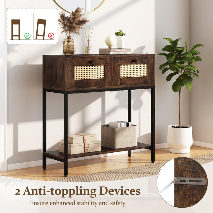 Giantex Rattan Console Table 32" Boho Entryway Table with 2 Drawers
