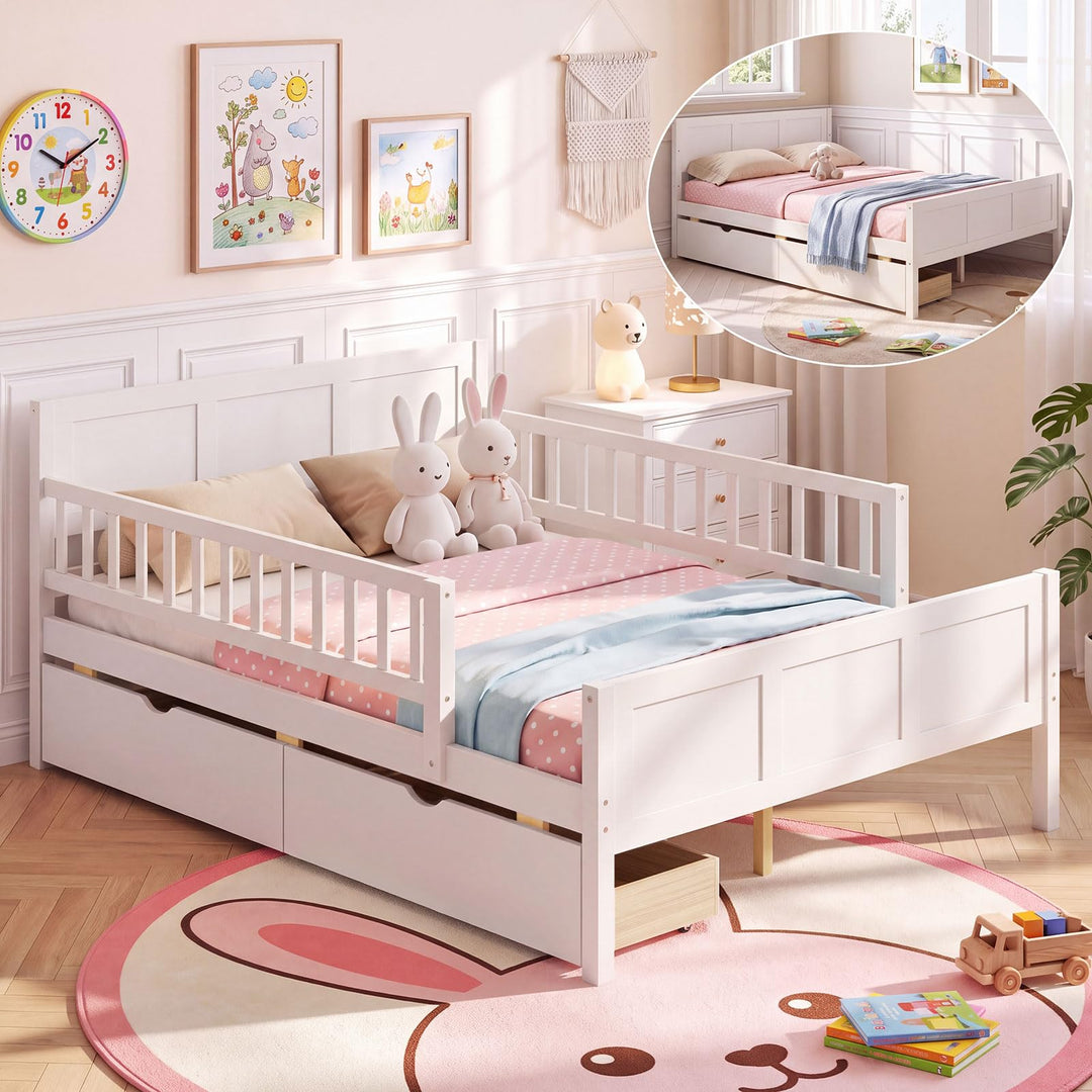 GIANTEX Full/Twin Size Bed Frame with 2 Storage Drawer &amp; Guardrails for Kids