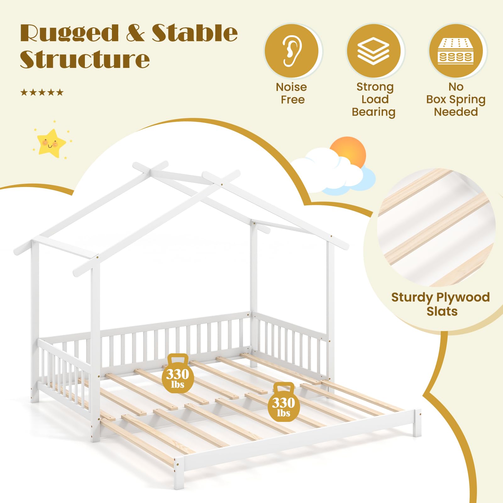 Giantex Extendable House Bed for Kids, Twin to King Daybed with Roof & Fence Rails, Wood Kids Bed Frame for Teens