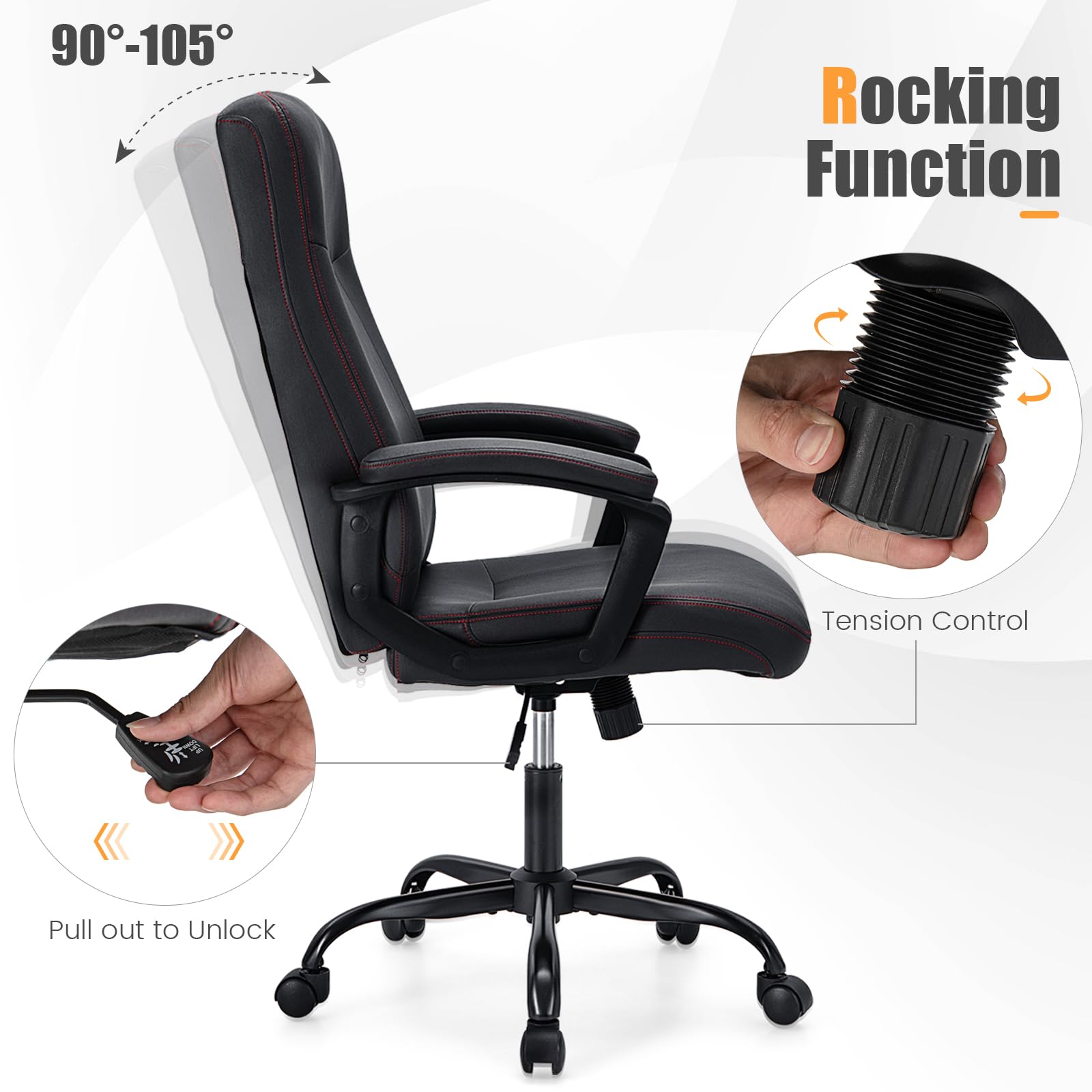Giantex Executive Office Chair, Ergonomic Home Office Chair, Leather Like Desk Chair with Backrest & Built-in Armrests, Black