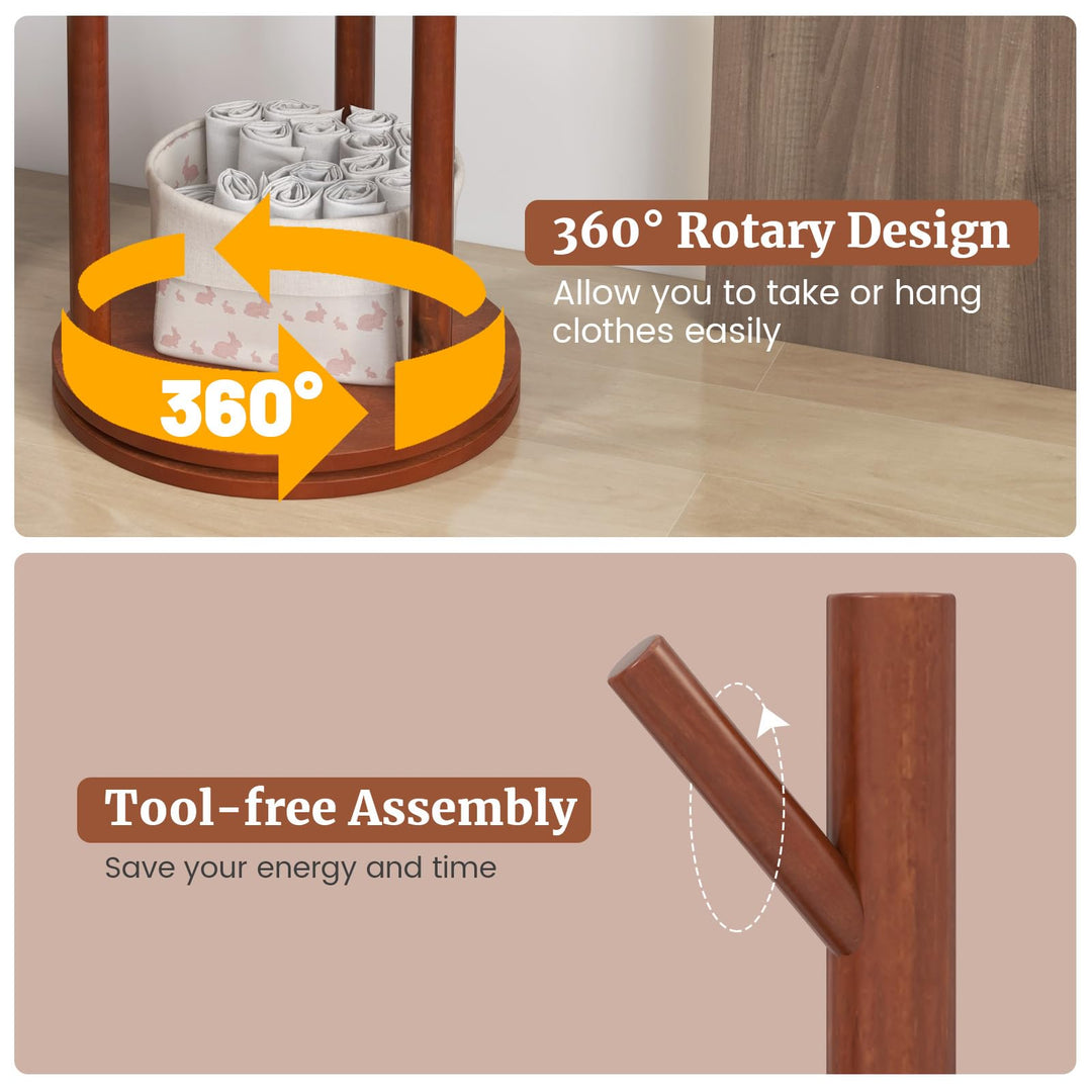 Giantex Coat Rack Freestanding, Wooden Rotary Coat Tree w/ 3 Display Storage Shelves & 9 Hooks