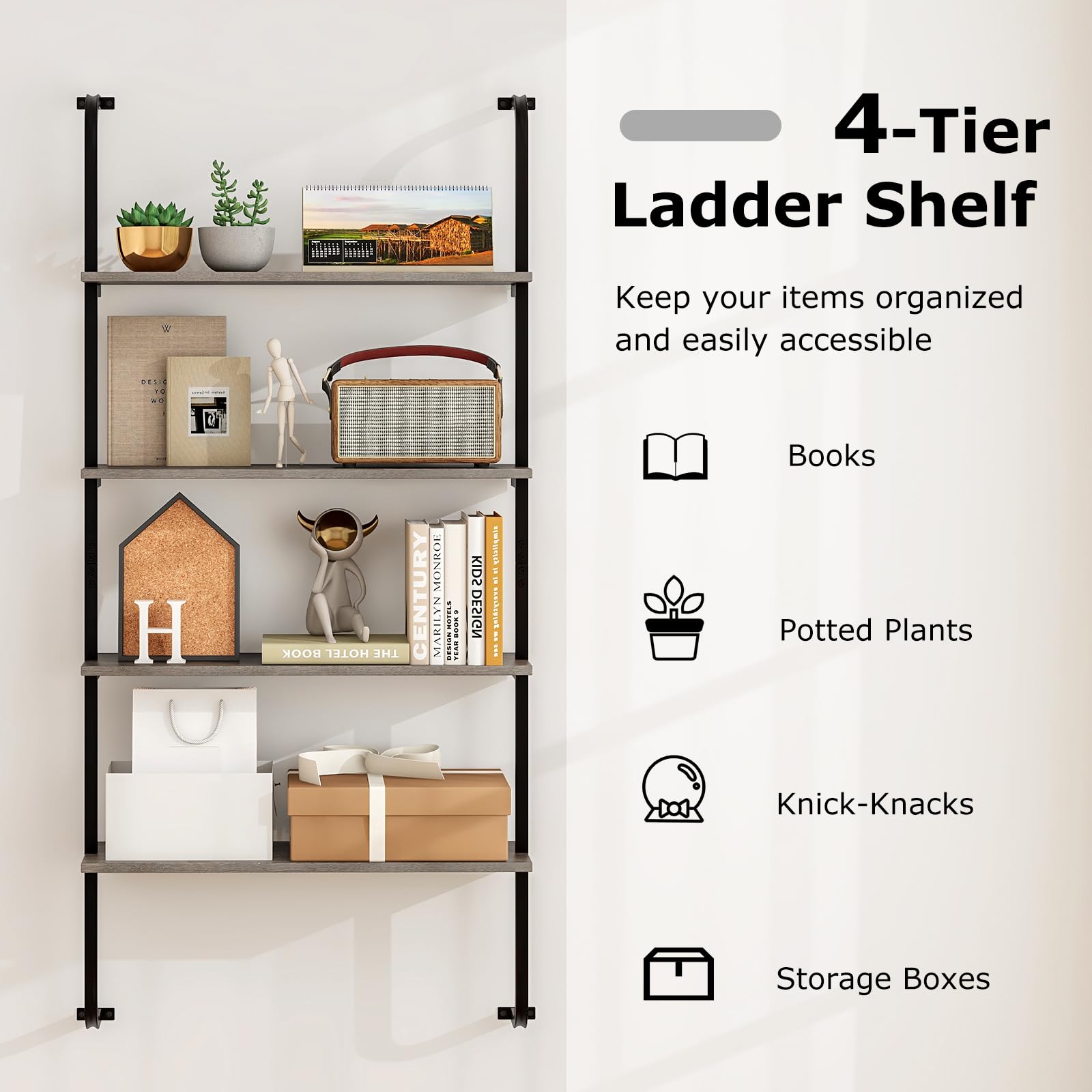 Giantex 4-Tier Industrial Bookshelf, Wall Mounted Pipe Shelving Unit, Floating Shelves with Metal Frame