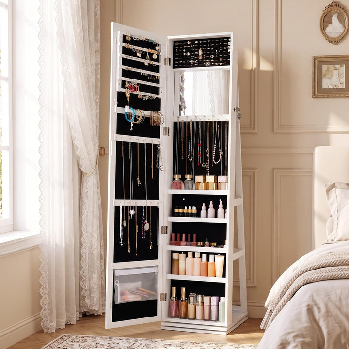 CHARMAID Swivel Jewelry Armoire with Full Length Mirror &amp; Rear Storage Shelves