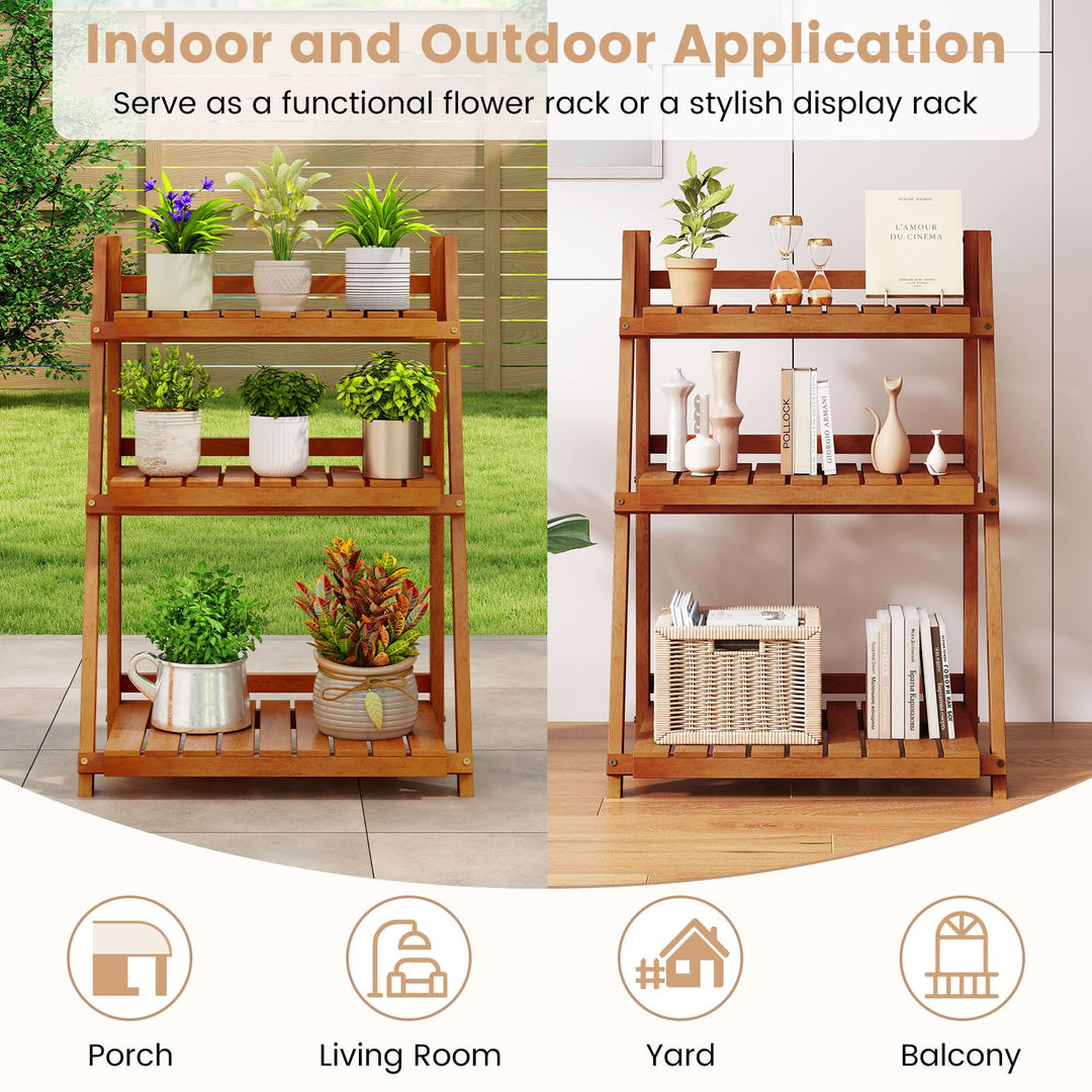 Giantex Foldable Ladder Plant Shelf 3-Tier Solid Wood Indoor Outdoor Flower Pot Display Rack