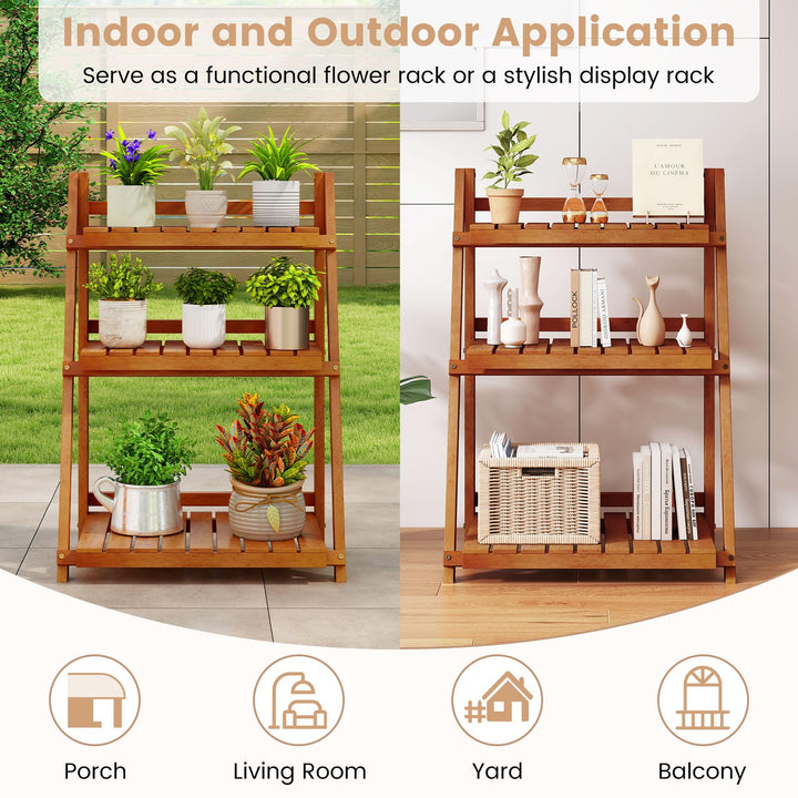 Giantex Foldable Ladder Plant Shelf 3-Tier Solid Wood Indoor Outdoor Flower Pot Display Rack