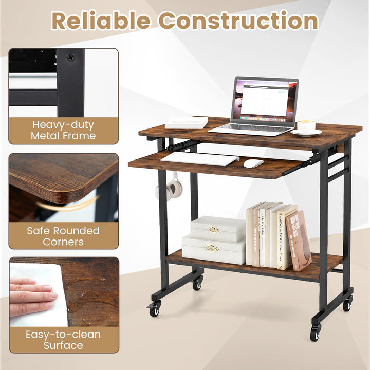 Giantex Mobile Computer Desk, Rolling Writing Desk with Keyboard Tray, Shelf & 3 Hanging Hooks, Rustic Brown & Black