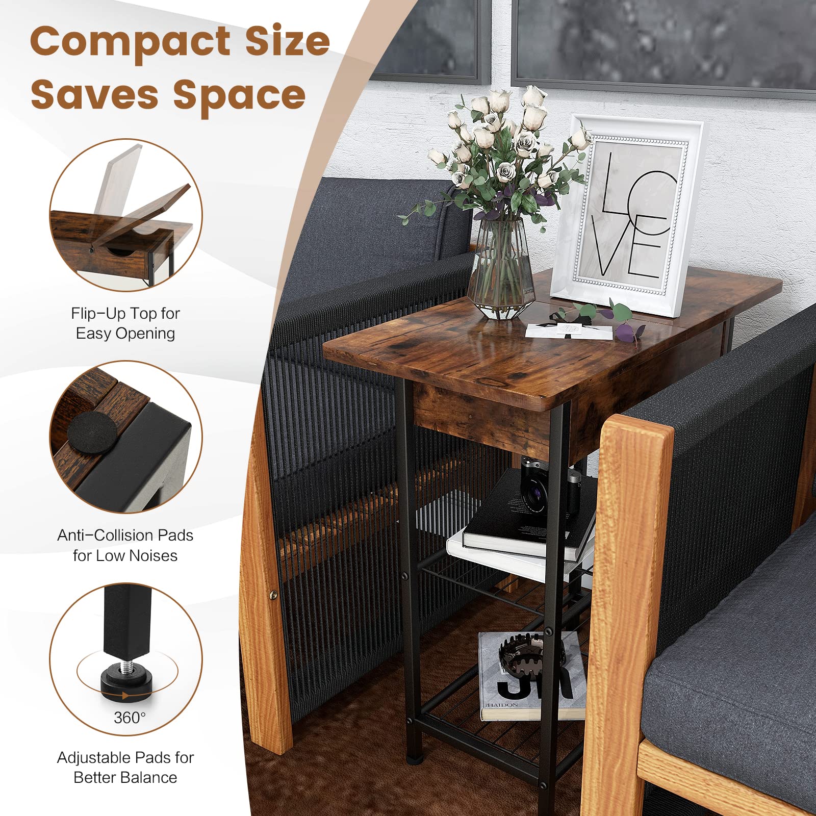 Giantex Side End Table for Small Space, Nightstand with Charging Station, 2 AC Outlets, 2 USB Ports & Adjustable Pads