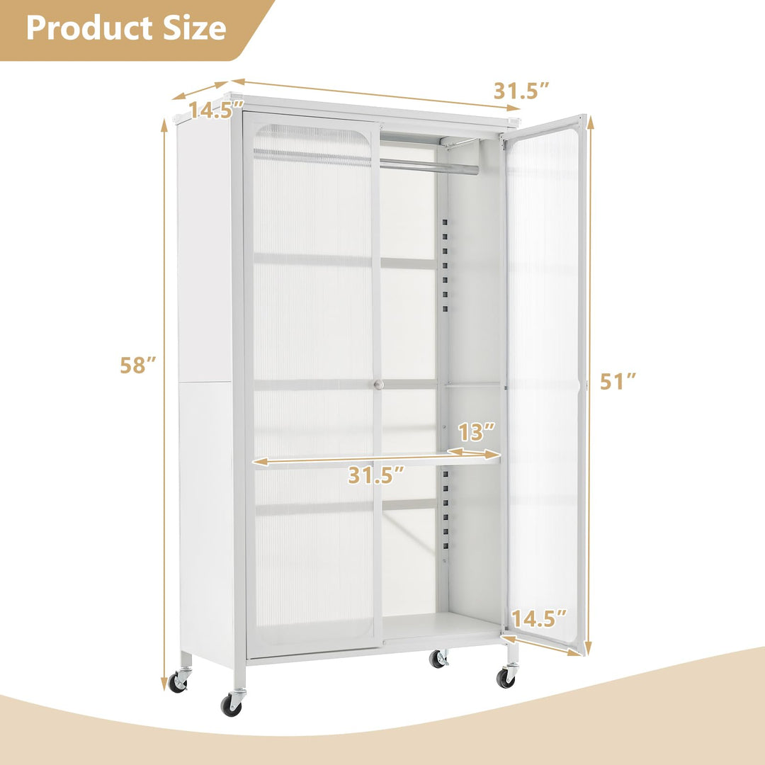 Portable Closet with Rollers, Mobile Metal Armoire Closet with Hanging Rod
