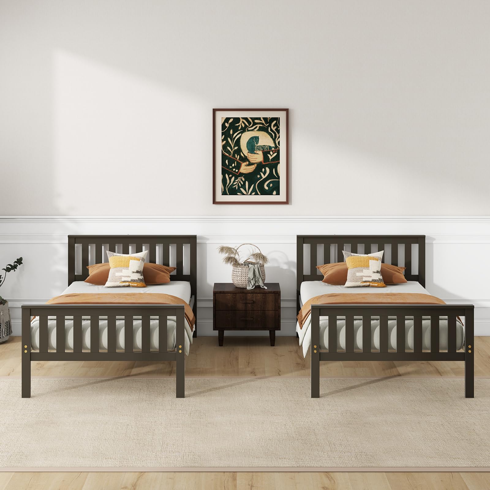 Giantex Wood Bed Frames with Headboard, Mid Century Platform Bed with Wooden Slats Support