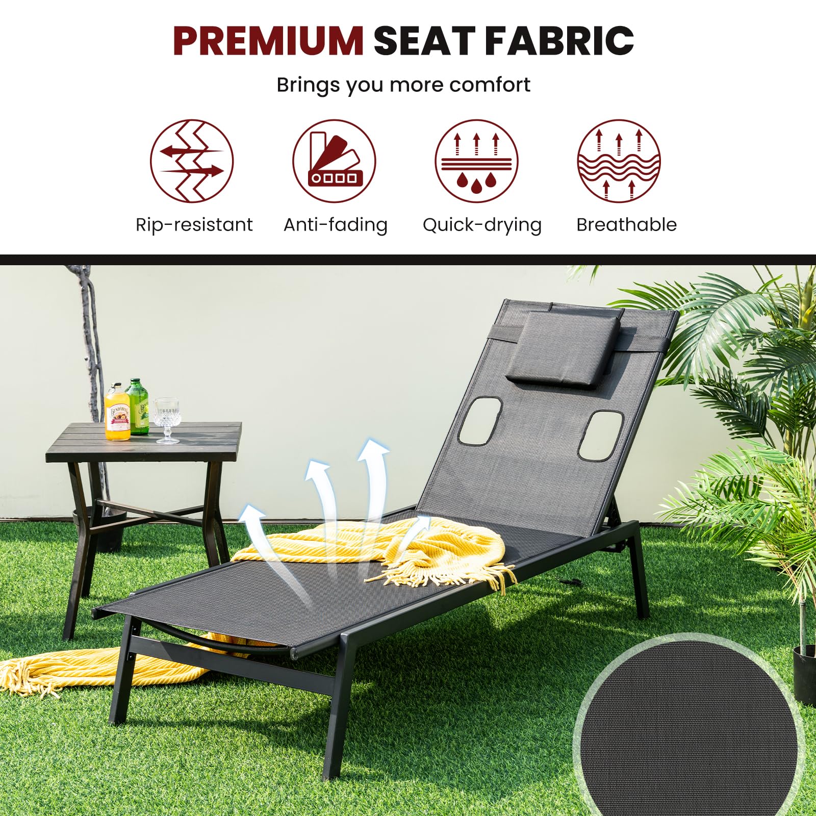Giantex Patio Chaise Lounge Chair - Outdoor Lounge Chaise with Face Hole, Detachable Head Pillows, Black