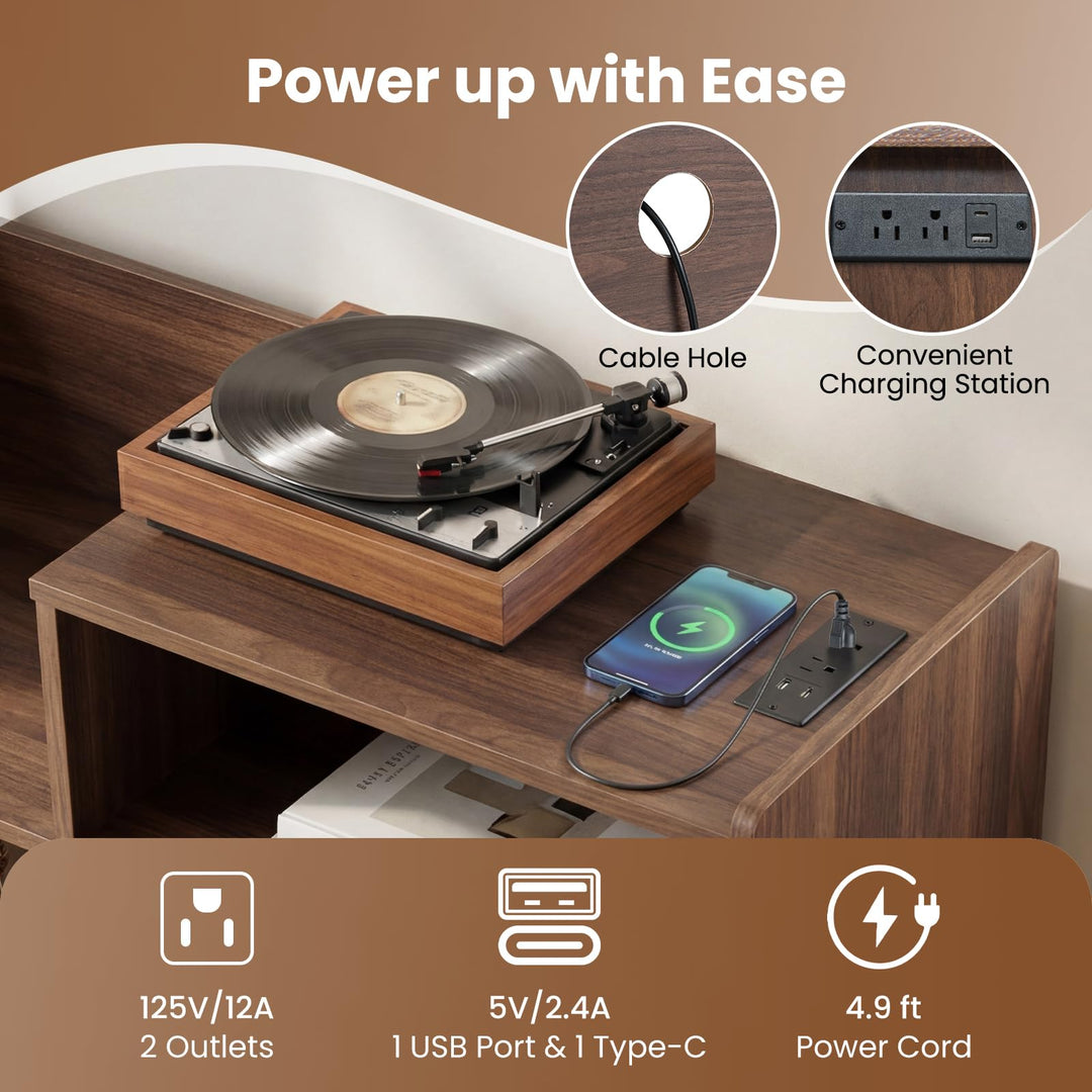 Giantex Record Player Stand with LED Light and Power Outlets Large Turntable Stand with Sliding Door