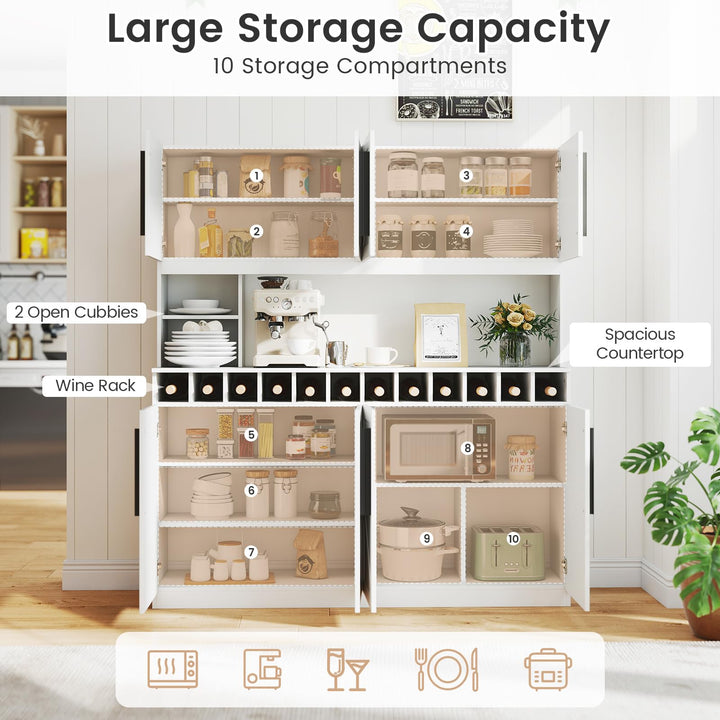 70 Inch Farmhouse Pantry Cabinet Kitchen Buffet Hutch with 4 Cabinets and 2 Open Shelves