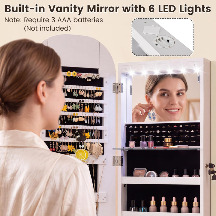CHARMAID LED Full Length Mirror Jewelry Cabinet | Wall Mount &amp; Over the Door