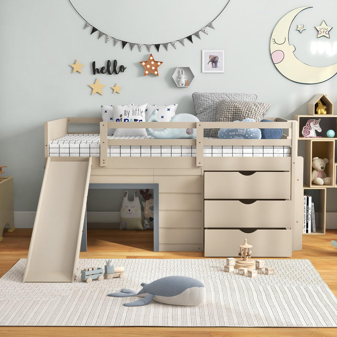 Giantex Low Loft Bed Twin Size | Solid Wood Kids Bed with Slide &amp; 3 Storage Drawers