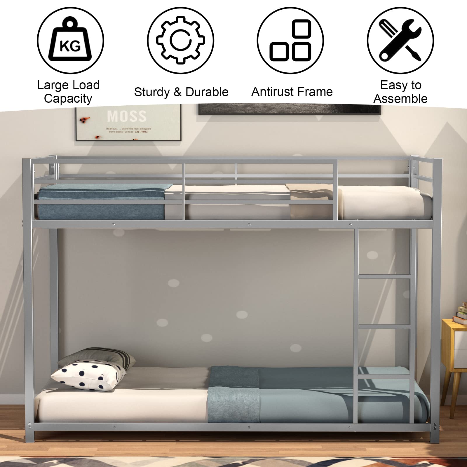 Giantex Metal Bunk Bed Twin Over Twin, Low Profile Bunk Bed Frame with Ladder & Full Length Guardrail