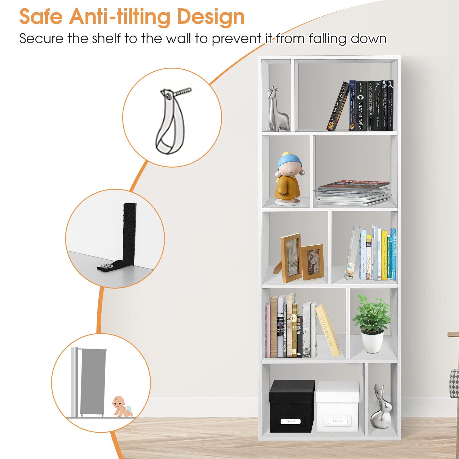 Giantex 5 Tier Bookshelf, 66" Tall 10-Cube Open Shelves Storage Organizer Cabinet