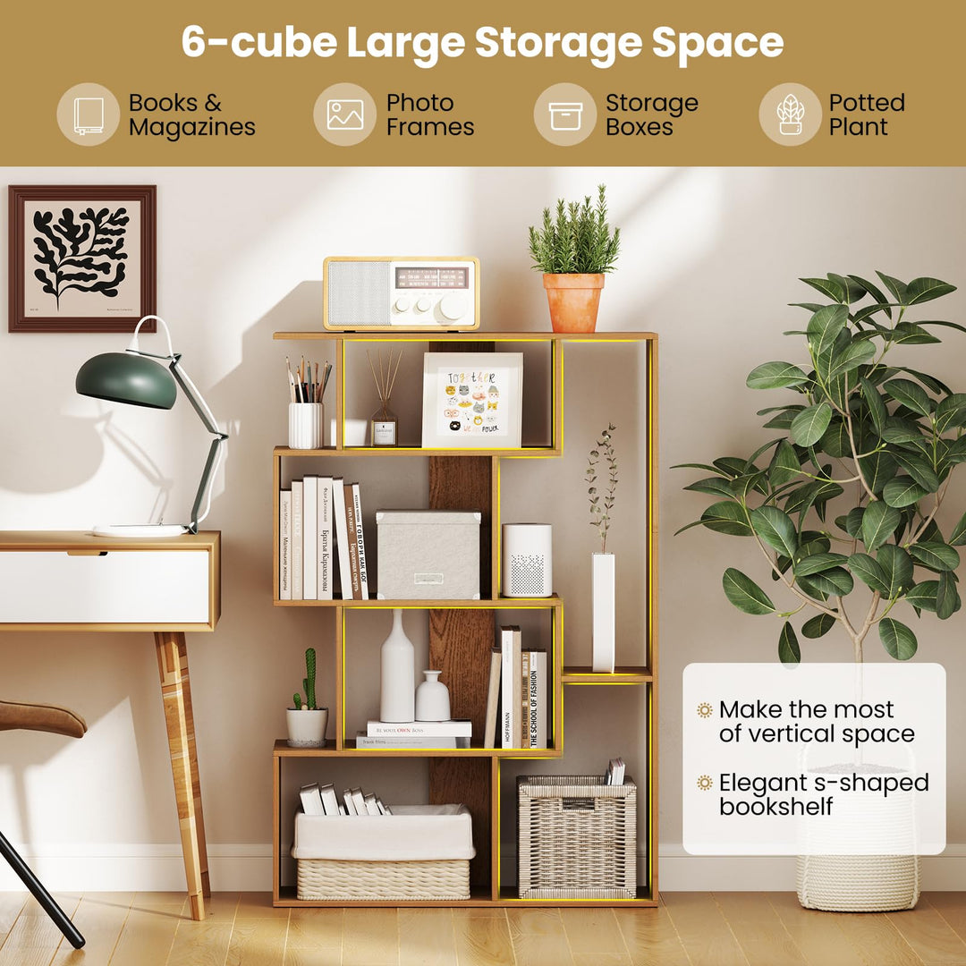 Giantex 6-Cube S-Shaped Bookshelf, 47" Open-Back Geometric Bookcase w/Anti-tip Kits