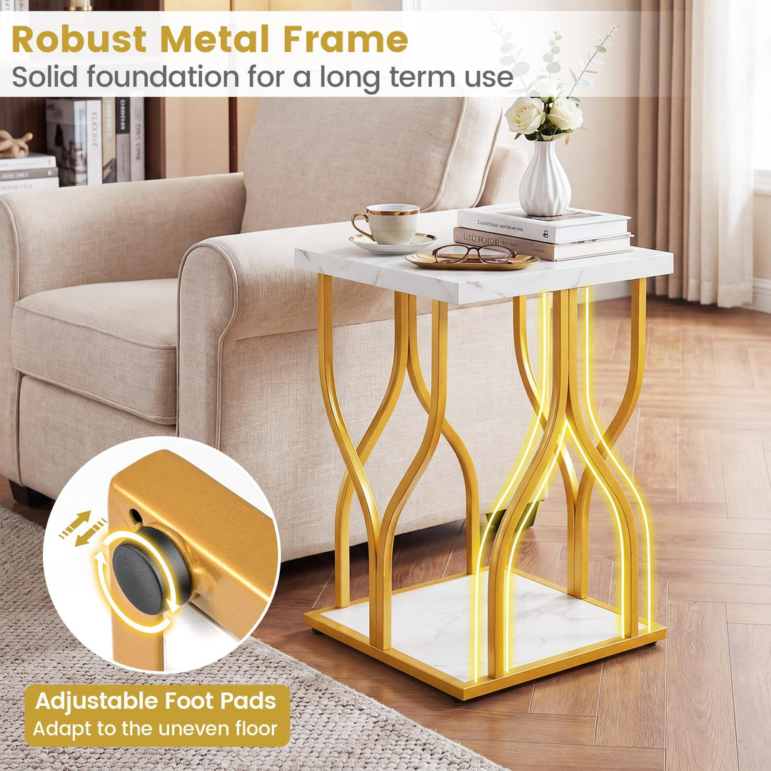 Giantex 2-Tier End Table with Storage Shelf &amp; Gold Petal-Inspired Geometric Metal Frame
