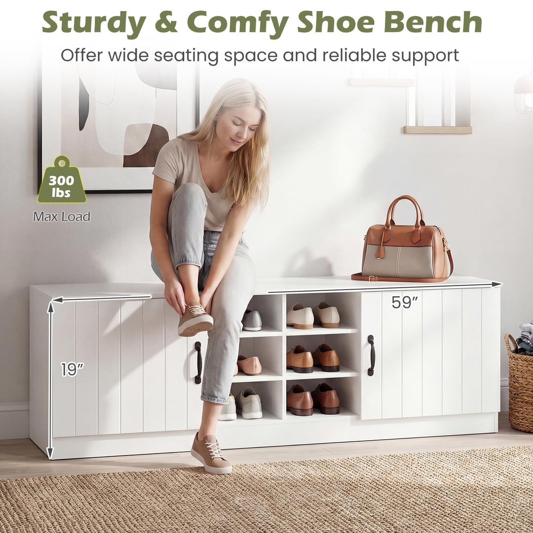 Giantex 2-Door Shoe Storage Bench Wooden Entryway Bench with Storage