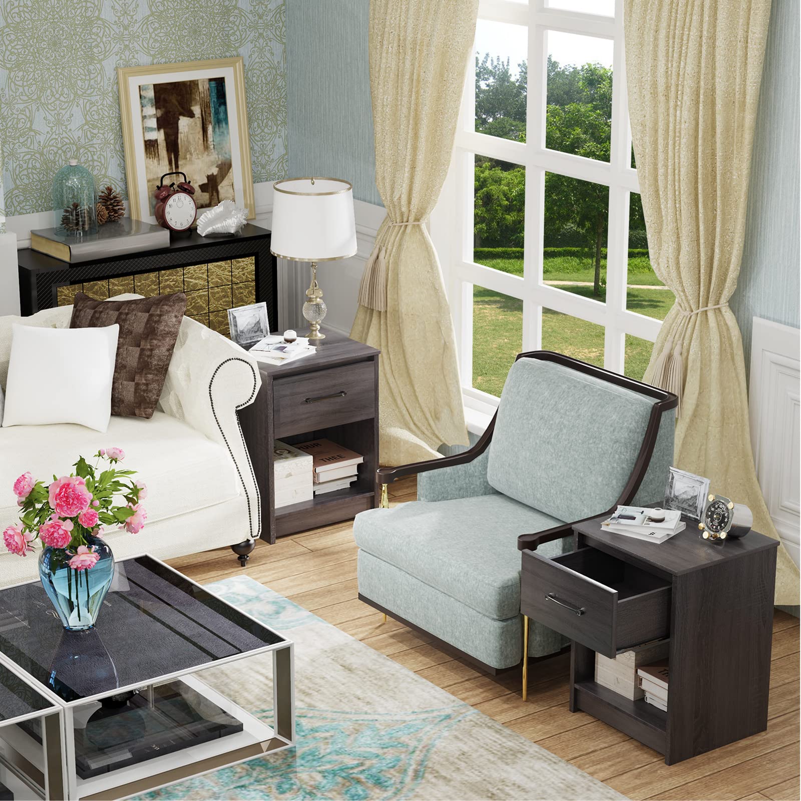 Nightstand w/Drawer, Wooden End Table w/Open Storage Compartment