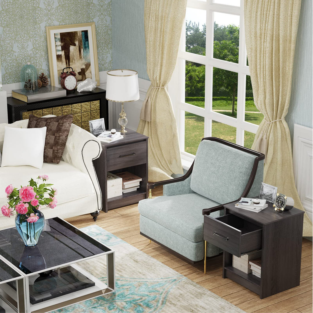 Nightstand w/Drawer, Wooden End Table w/Open Storage Compartment