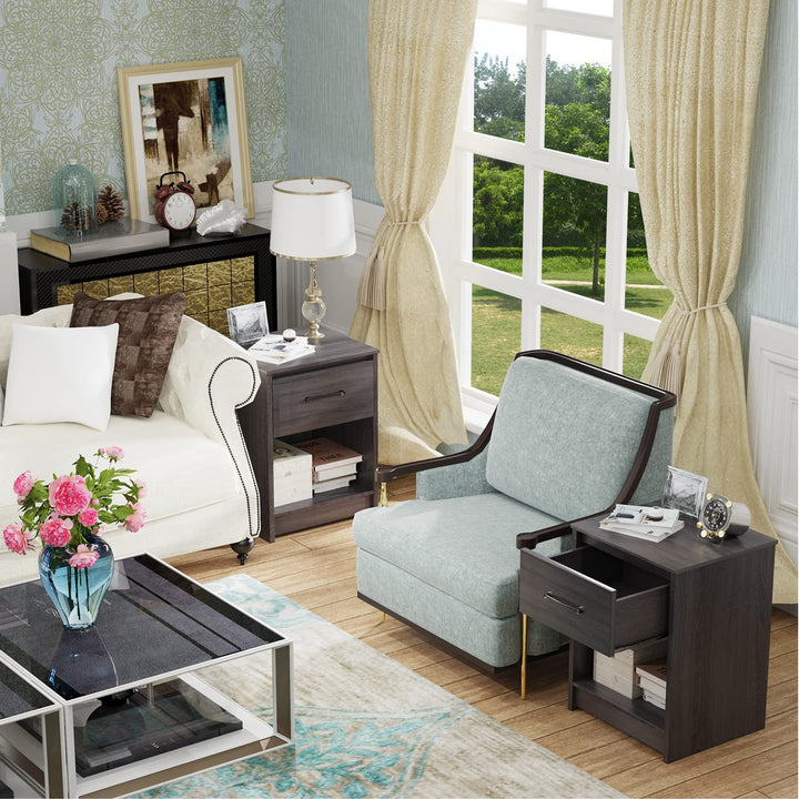 Nightstand w/Drawer, Wooden End Table w/Open Storage Compartment