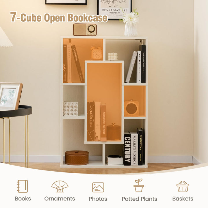 Giantex 7-Cube Bookcase White, Modern Freestanding Wooden Rectangular Bookshelf with Anti-Tipping Kits