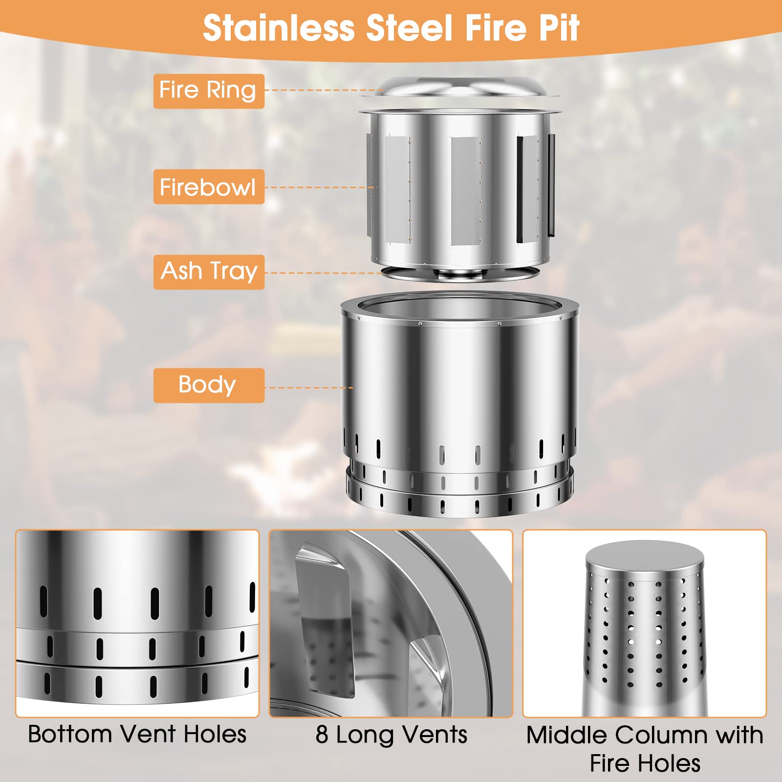 Giantex Smokeless Fire Pit for Outside - 19.5 Inch Stainless Steel Wood Burning Firepit with Protective Cover
