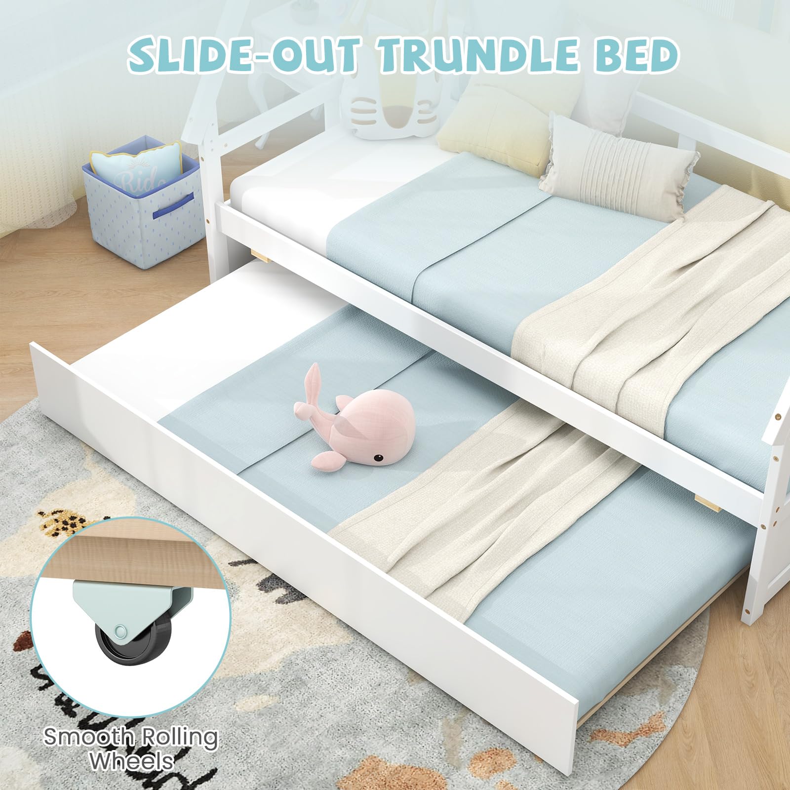 Giantex Twin House Bed with Trundle, Wood Montessori Tent Bed Frame with Safety Guardrail