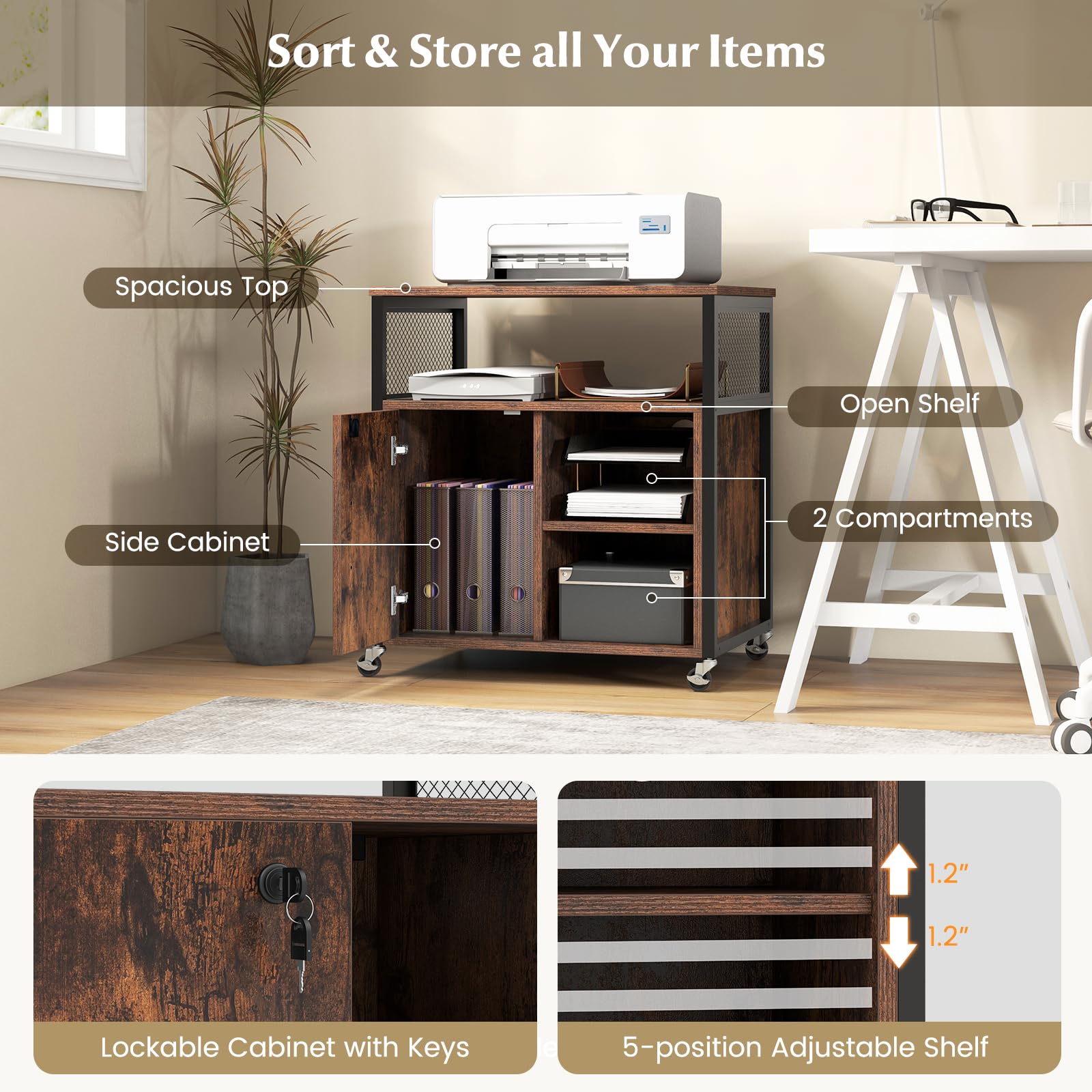 Giantex File Cabinet, Lateral Filing Cabinet with Lock, Wheels, Charging Station, Cable Hole, Lockable Side Cabinet