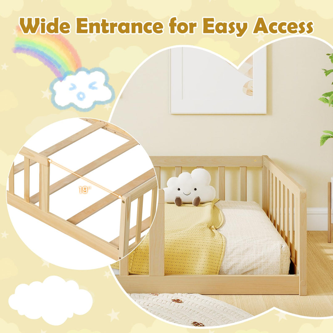 GIANTEX Twin Solid Wood Floor Bed for Kids | Montessori Bed with Bedside Bookshelf