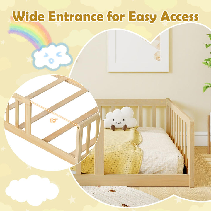 GIANTEX Twin Solid Wood Floor Bed for Kids | Montessori Bed with Bedside Bookshelf