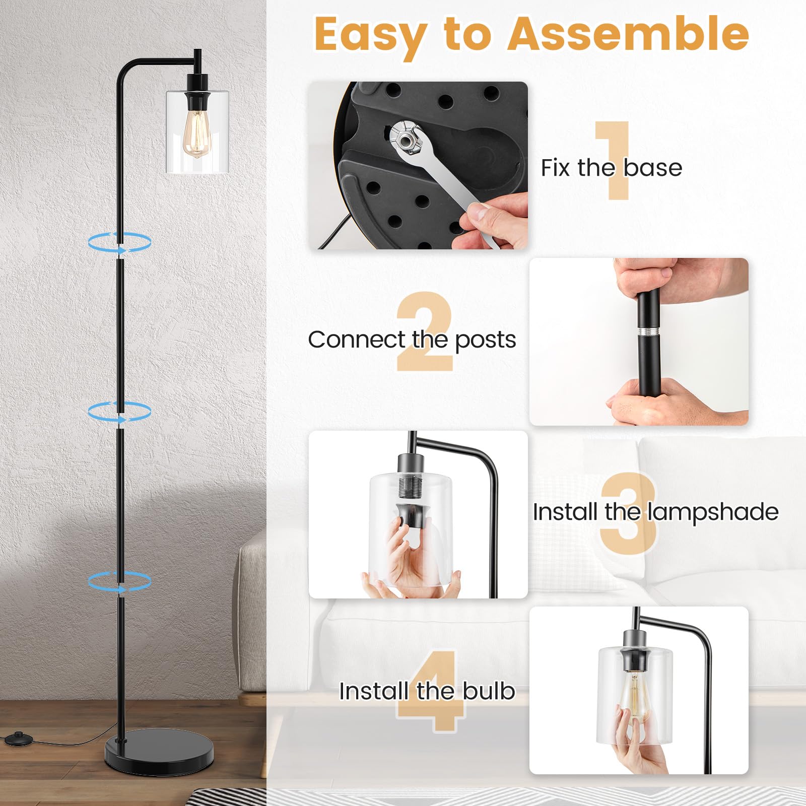 Giantex Industrial Floor Lamp, 66" Tall Pole Lamp with Clear Glass Lampshade