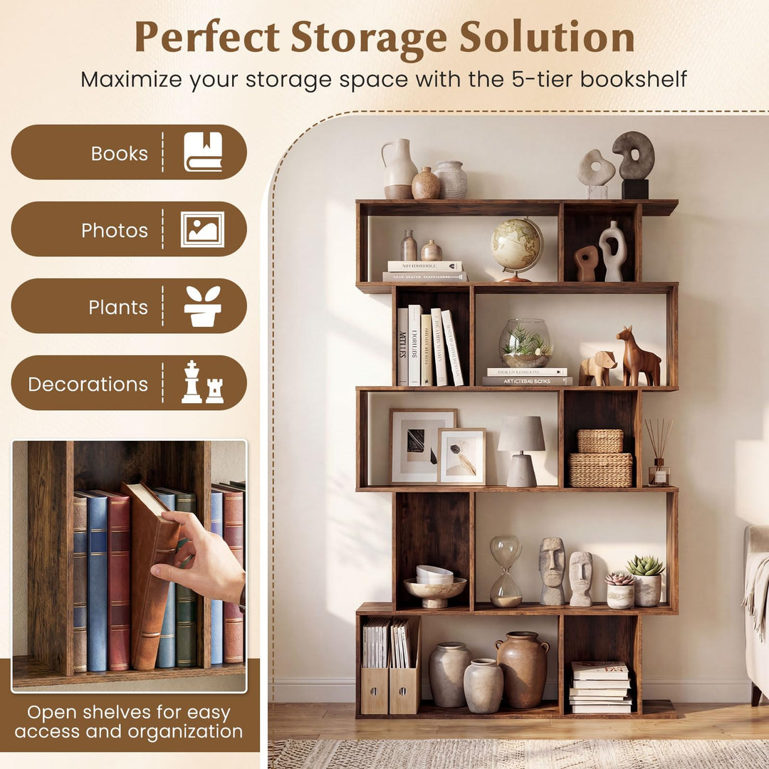 Giantex Geometric Bookshelf 5-Tier Bookcase with Open Shelves and Closed-back Cubes