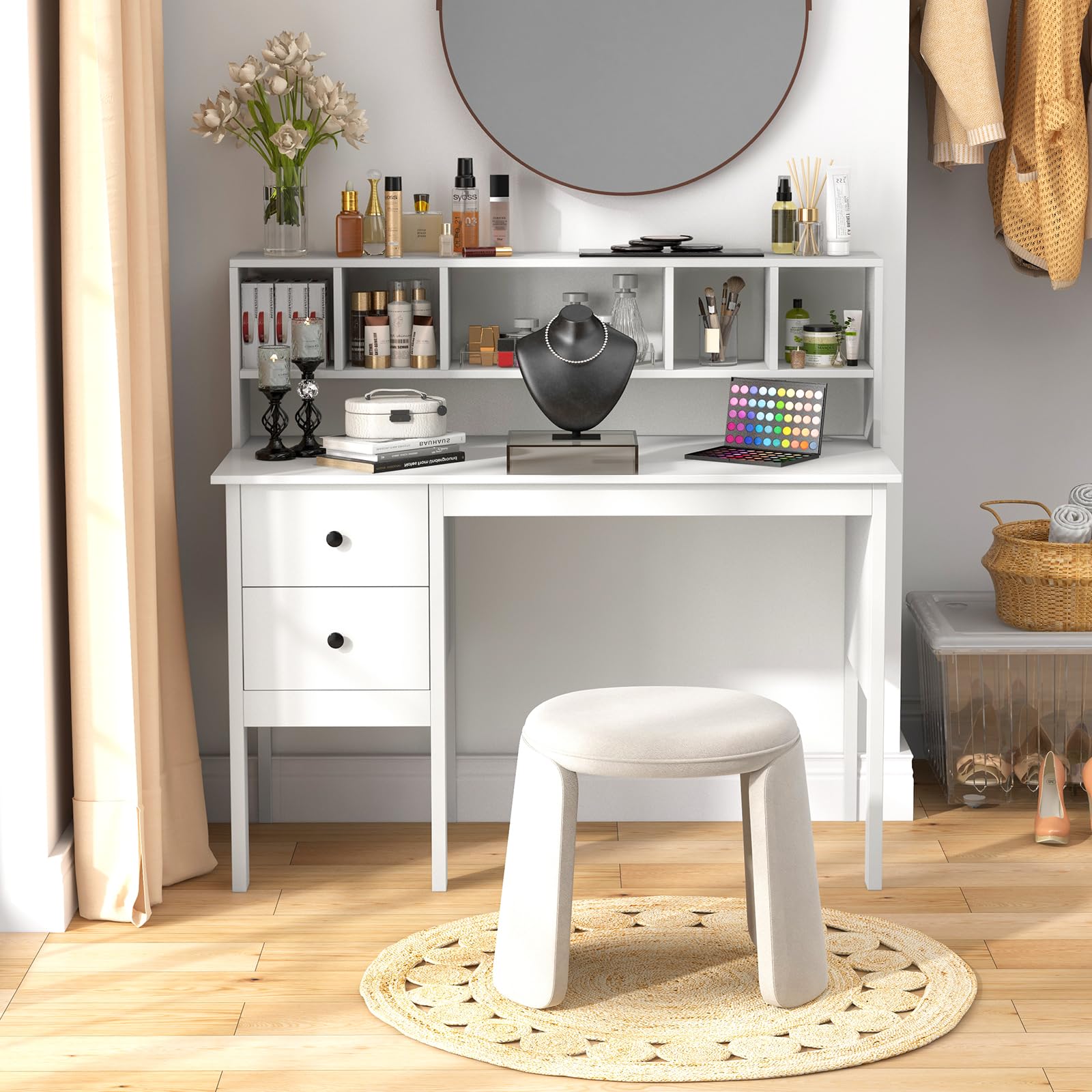 Giantex White Desk with Drawers and Power Outlet, 48" Home Office Computer Desk with 5-Cubby Hutch