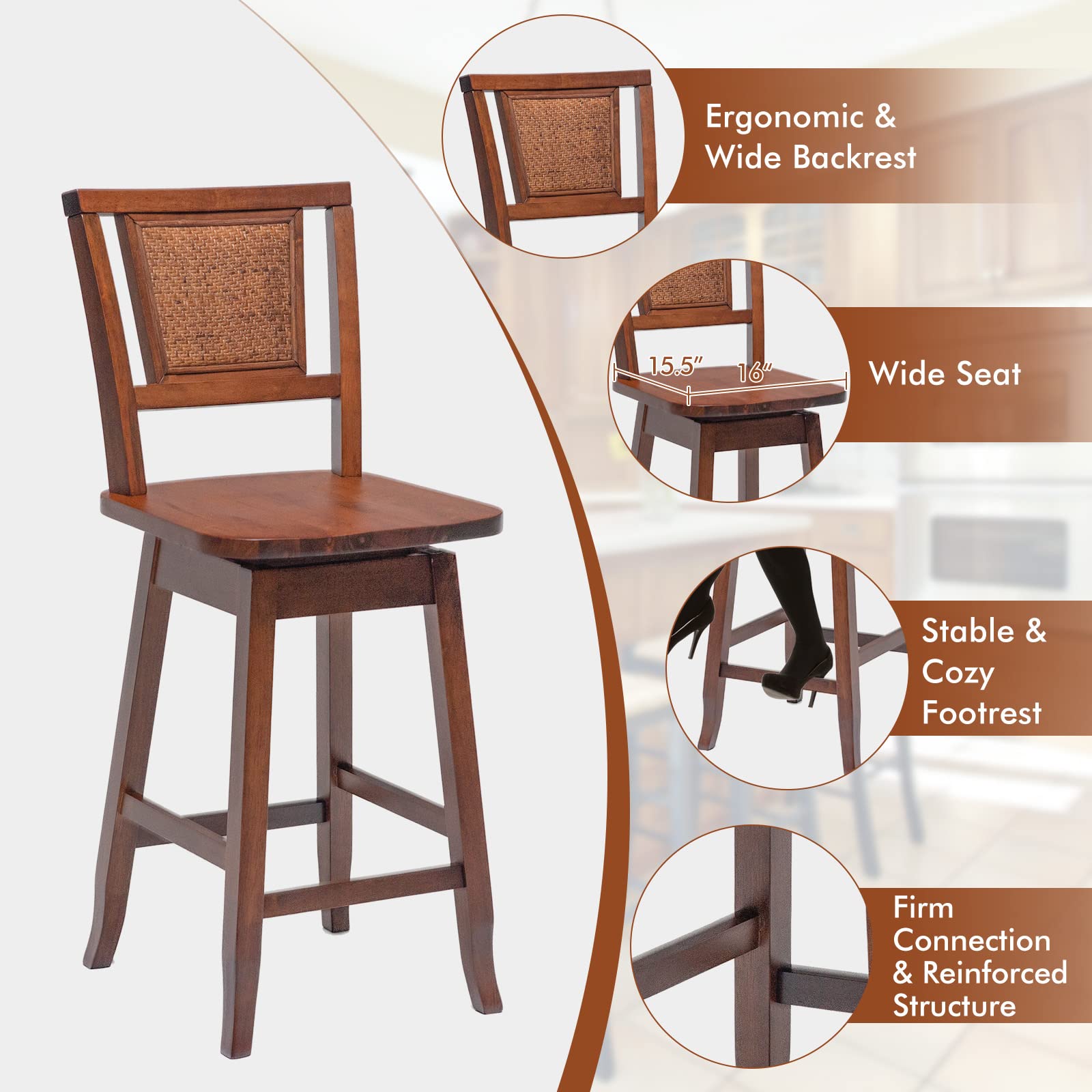 Giantex 24.5 Inch Counter Height Bar Stool with Rattan Back