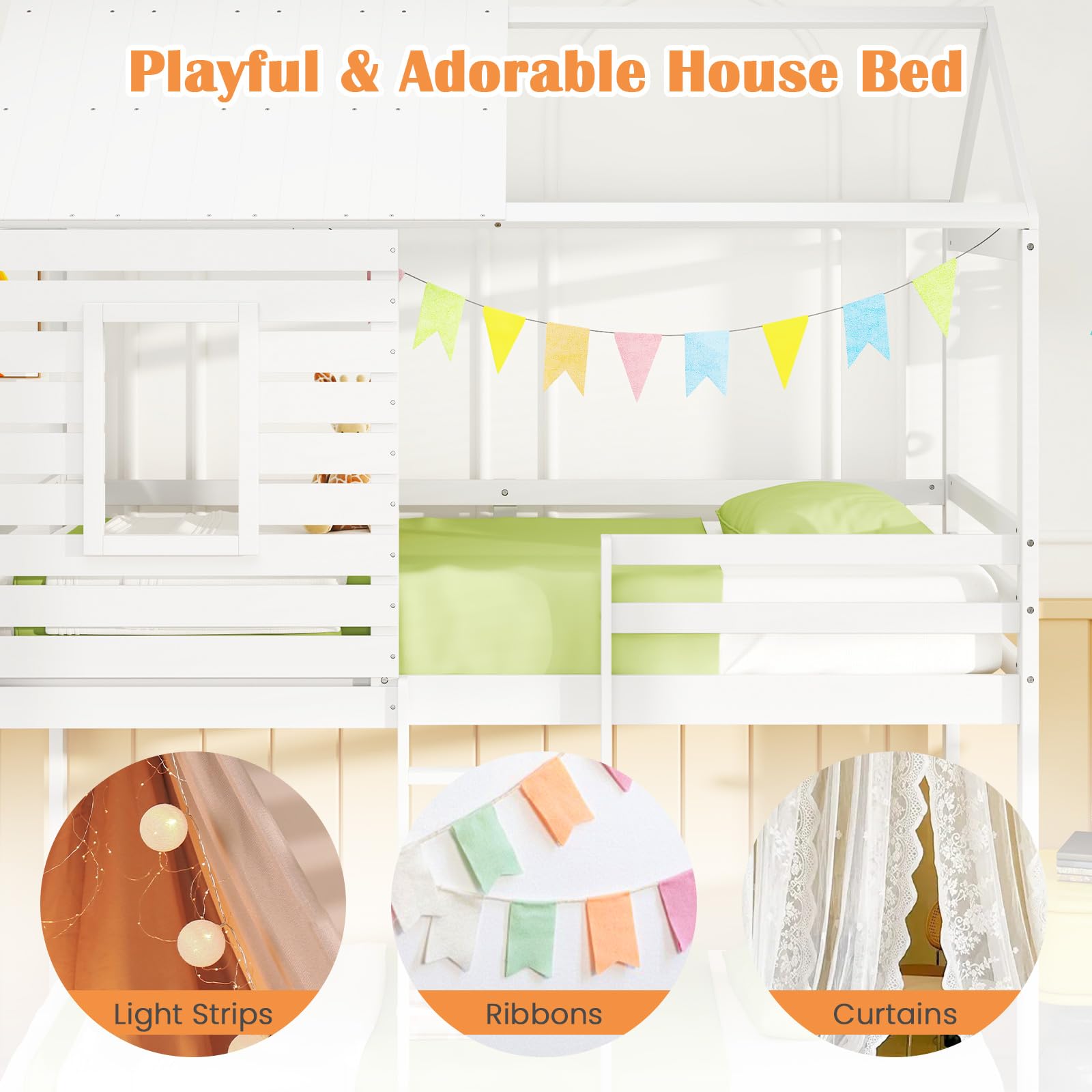 Giantex White Wood Bunk Bed Twin Over Twin with Ladder and Guardrail